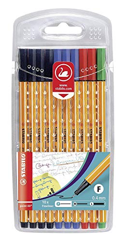 STABILO Fineliner point 88 – Pack of 10 – Office Colours – 4 x Black, 3 x Blue, 2 x Red, 1 x Green