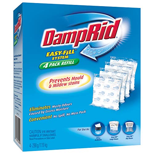 DampRid Fragrance Free Absorber 10.5 oz. Easy Fill Refill Packs-4 Count – Attracts & Traps Moisture for Fresher, Cleaner Air, Blue/White