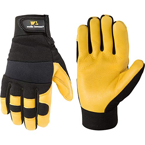 Men’s Deerskin Leather Palm Hybrid Work Gloves, Large (Wells Lamont 3210), Black