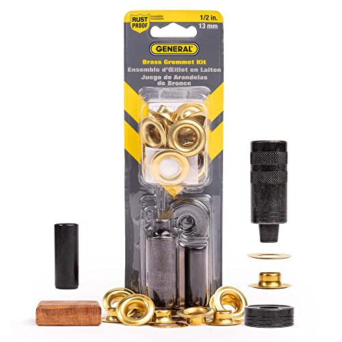 General Tools 1/2″ Grommet Tool Kit – 12 Solid Brass Grommets for Tarps Repair, Fabric Rings, Reinforcing Canvases, & Canopies