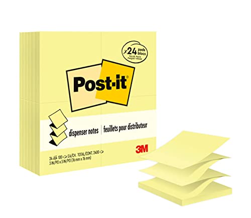 Post-it Pop-up Notes, 3 in x 3 in, 24 Pads, America’s #1 Favorite Sticky Notes, Canary Yellow, Clean Removal, Recyclable (R330-24VAD)