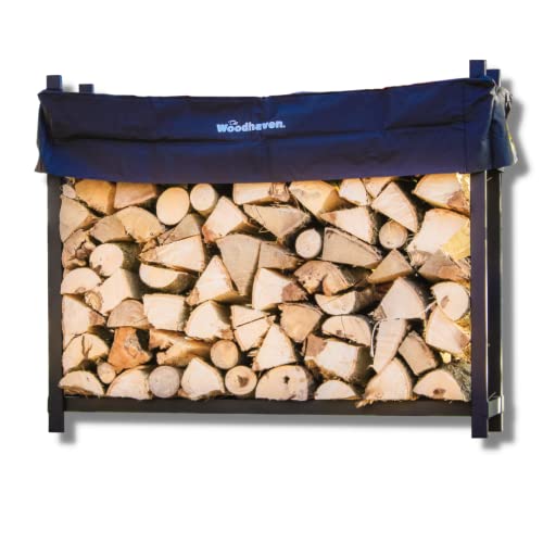 Woodhaven 5 Foot Black – Made in the USA – 1/4 Cord Plus Firewood Storage Log Rack With Seasoning Cover Combo Set – Indoor Outdoor – Metal Firewood Rack – Heavy Duty