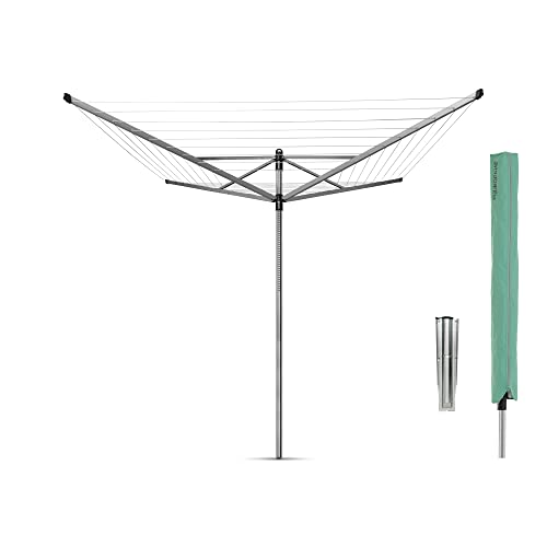 Brabantia Lift-O-Matic Outdoor 4 Arm Clothesline Height Adjustable, Folding Clothes Drying Rack + Ground Spike & Cover, 197 Feet, Metallic Gray