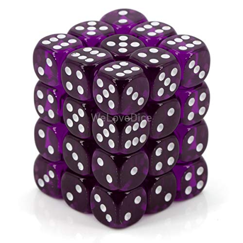 Chessex Dice D6 Sets: Purple with White Translucent – 12Mm Six Sided Die (36) Block of Dice