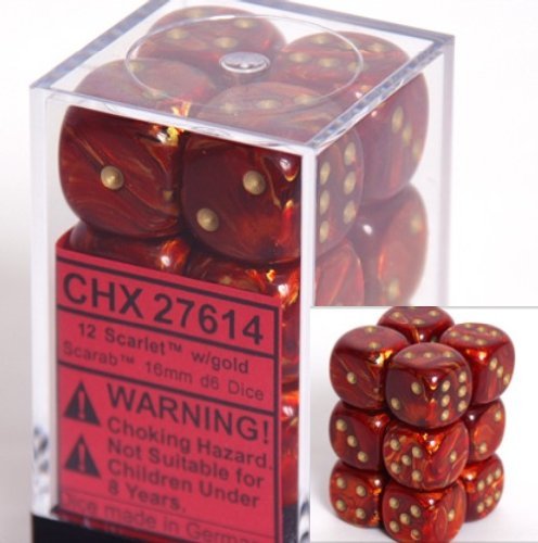 Chessex Dice D6 Sets: Scarab Scarlet with Gold – 16Mm Six Sided Die (12) Block of Dice, Red