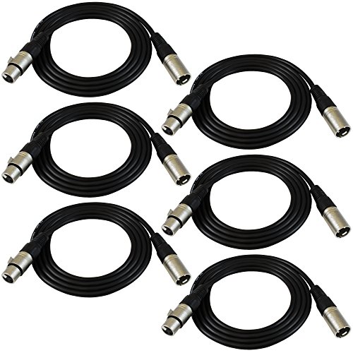 GLS Audio 6ft Patch Cable Cords – XLR Male to XLR Female Black Cables – 6′ Balanced Snake Cord – 6 Pack