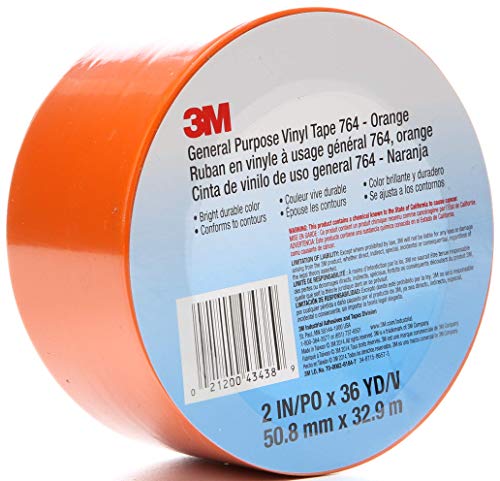 3M Vinyl Tape 764, General Purpose, 2 in x 36 yd, Orange, 1 Roll, Light Traffic Floor Marking, Social Distancing, Color Coding, Safety, Bundling