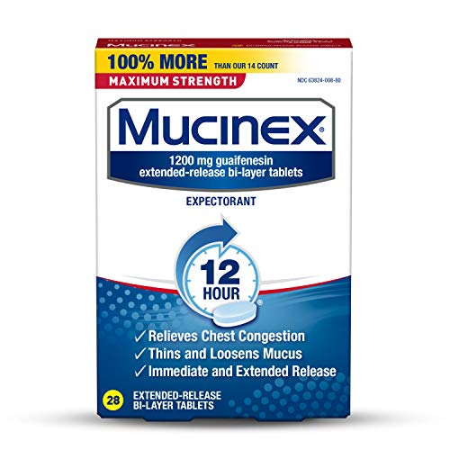 Mucinex Maximum Strength 12 Hour Chest Congestion Expectorant Relief Tablets, 1200 mg, 28 Count, Thins & Loosens Mucus