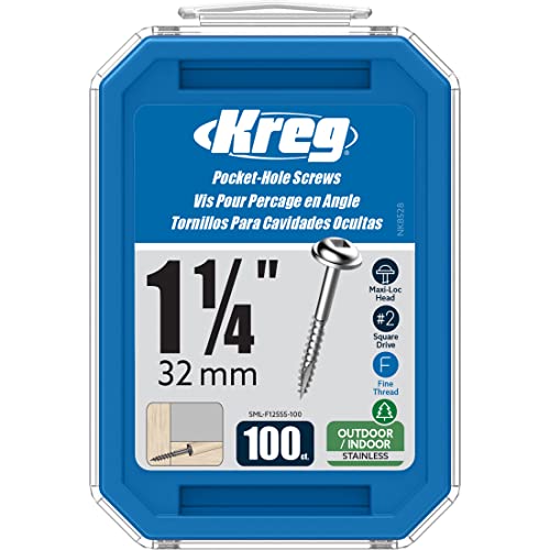 Kreg SML-F125S5-100 Stainless Steel Pocket Screws, 1-1/4 Inch #7 Fine Thread, Maxi-Loc Head (100 Count)
