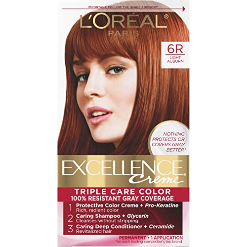 L’Oreal Paris Excellence Creme Permanent Triple Care Hair Color, 6R Light Auburn, Gray Coverage For Up to 8 Weeks, All Hair Types, Pack of 1