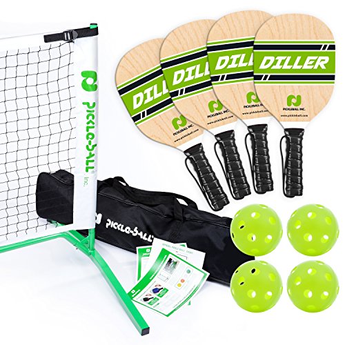 Pickle-Ball, Inc. Pickleball Diller Tournament Net Set (Set Includes Metal Frame + Net + 4 Paddles + 4 Balls + Rules Sheet in Carry Bag)