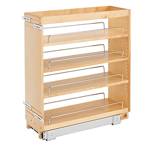 Rev-A-Shelf 448-BC-8C 8 Inch Pull Out Kitchen Cabinet Storage Organizer Spice Rack w/3 Adjustable Sliding Wood Shelves, Chrome Rails, & 100lb Capacity