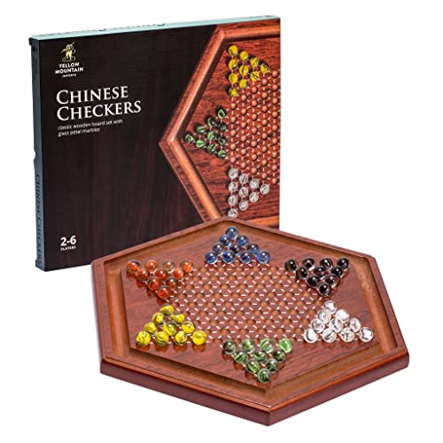 Yellow Mountain Imports Wooden Chinese Checkers Halma Board Game Set – 13.6-Inch – with 60 Colored Petal-Style Glass Marbles (16-Millimeter) – Classic Strategy Game