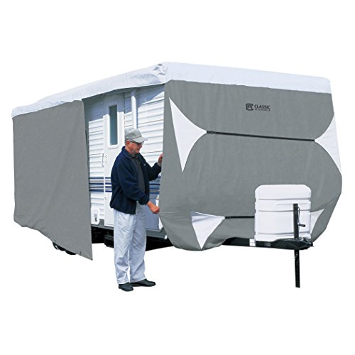 Classic Accessories Over Drive PolyPRO3 Deluxe Travel Trailer/Toy Hauler Cover, Fits 24′-27′ RVs, Camper RV Cover, Customizable Fit, Water-Resistant, All Season Protection for Motorhome, Grey/White