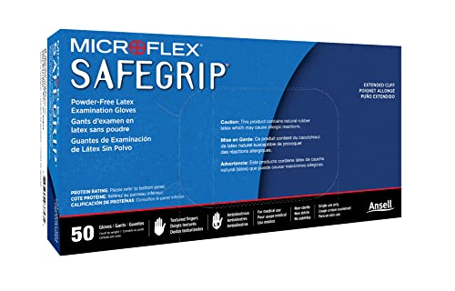 Microflex SafeGrip SG-375 Extra Thick Disposable Latex Gloves for Life Sciences, Automotive w/Textured Fingertips – Small, Blue (Box of 50)