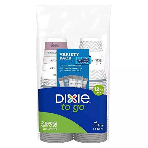 Dixie To Go Coffee Cups and Lids, 12 Oz, 26 Count, Assorted Designs, Disposable Hot Beverage Cups & Lids