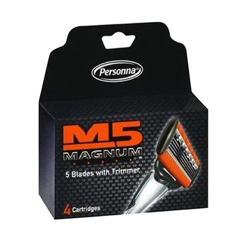 Personna, M5 Magnum razor Blades with Trimmer, 24 Cartridges – 6 packages of 4 Cartridges for a total of 24 Cartridges