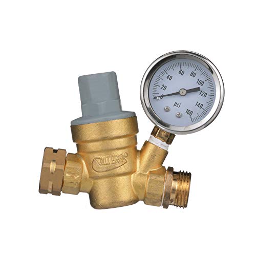 Valterra RV Water Regulator, Lead-Free Brass Adjustable Water Regulator with Pressure Gauge for Camper, Trailer, RV Plumbing System