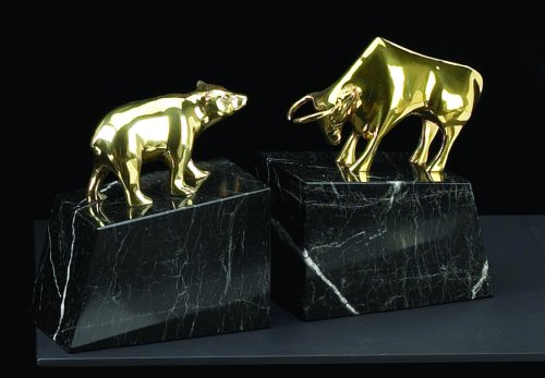 Stock Market Solid Brass Lacquered on Marble, Bookends Statue Bull and Bear