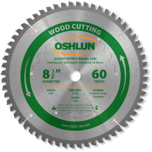 Oshlun SBW-085060 8-1/2-Inch 60 Tooth Negative Hook Finishing ATB Saw Blade with 5/8-Inch Arbor for Sliding Miter Saws