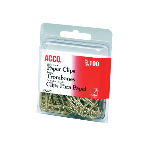 ACCO Brands Paper Clips, Regluar, # 2 Size, Smooth, Gold, 100 Clips/Box (72533)