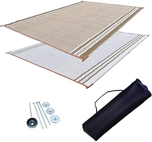 Professional EZ Travel Collection Reversible RV Outdoor Rug for Backyards, Beaches, Camping Grounds, Patios, and More, Storage Bag and Mat Stakes Included, Beige/White (9×18)