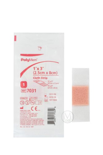PolyMem Cloth Strip Wound Dressing, Sterile, Foam, 1′ X 3′ Adhesive, 1′ X 1′ Pad, 7031 (Box of 20)
