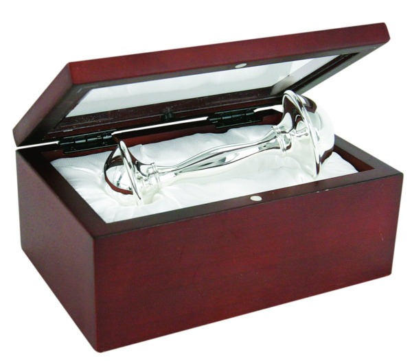 Stephan Baby Satin-Lined Rosewood Keepsake Box with 4″ Silver Plated Keepsake Rattle