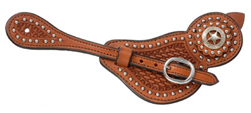 Tough 1 Royal King Lined Cowhide Spur Straps with Basket Tooling and Dots, Medium Oil