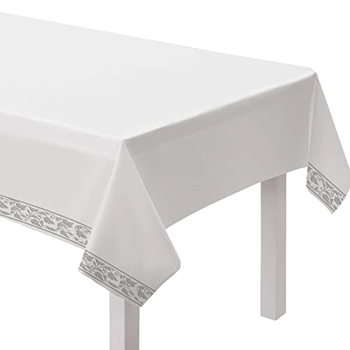 amscan “574500 Premium Quality Table Cover | 54″” x 108″” | 1 piece | White with Silver Trim | Party Supply”