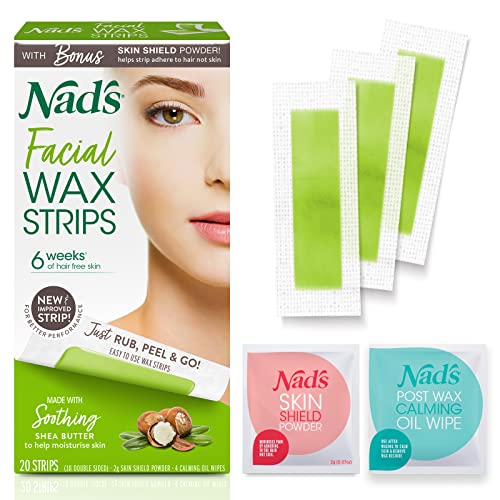 Nad’s Facial Wax Strips – Hypoallergenic All Skin Types – Facial Hair Removal For Women – At Home Waxing Kit with 20 Face Wax Strips + 4 Calming Oil Wipes