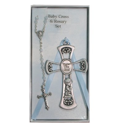 Pewter Baby Boy Cross Crib Medal & Rosary Set, Childrens Rosary