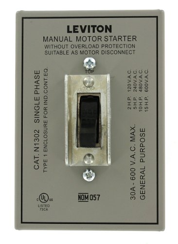 Leviton N1302-DS 30 Amp, 600 Volt, Toggle In Type 1 Enclosure Double-Pole AC Motor Starter, Suitable as Motor Disconnect, Industrial Grade, Grounded, Gray