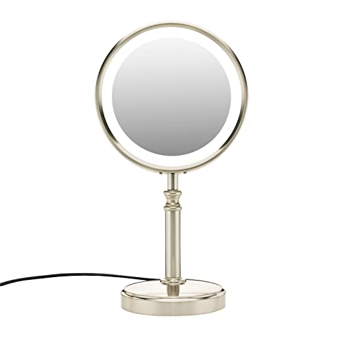 Conair Reflections Double-Sided LED Lighted Tabletop Mount Vanity Makeup Mirror, 1x/10x magnification, Satin Nickel
