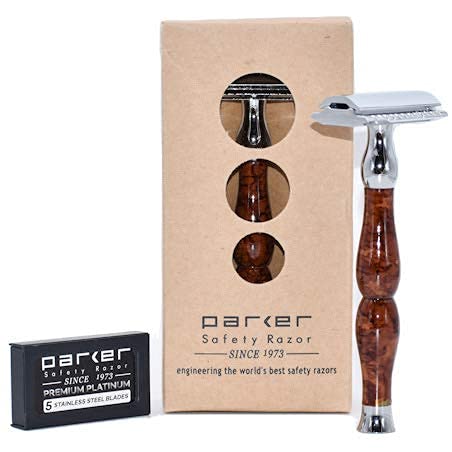 Parker Safety Razor, 45R Heavyweight Double Edge Safety Razor – 3 Piece Design with 4 Inch Handle – Solid Brass Frame for Durability –5 Parker Double Edge Razor Blades included
