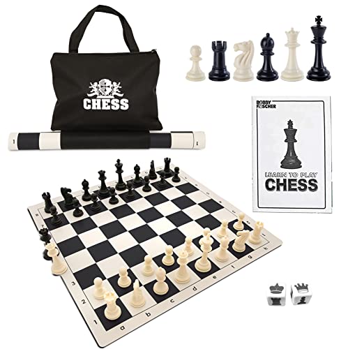 WE Games Best of Travel Chess Sets – Chess Board is Tournament Style Roll Up – 20 inches, 34 Chess Pieces, Portable Chess Set Bag, Includes Equalizer Dice & How to Play Chess Instructions Booklet