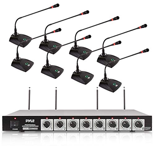 Pyle 8 Channel Wireless Microphone System – Portable VHF Cordless Audio Mic Set with 1/4″ and XLR Output, Dual Antenna, – Includes 8 Table Top Mics, Rack Mountable Receiver Base – Pyle PDWM8300,Black