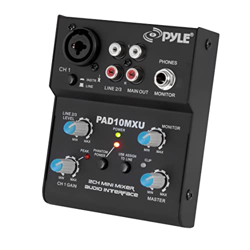 Pyle 2-Channel Audio Mixer – DJ Sound Controller Interface with USB Soundcard for PC Recording, XLR and 3.5mm Microphone Jack, 18V Power, RCA Input and Output for Professional and Beginners – PAD10MXU