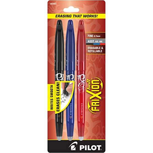 PILOT FriXion Ball Erasable & Refillable Gel Ink Stick Pens, Fine Point, Black/Blue/Red Inks, 3-Pack (31557)