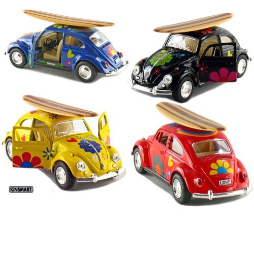 Set of 4: 5″ Classic Volkswagen Beetle with Decal and Surfboard 1:32 Scale (Black/Blue/Red/Yellow)
