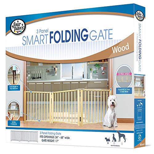 Four Paws Smart Folding Free Standing 3-Panel Wood Dog Gate, 24″-68″ W by 17″ H