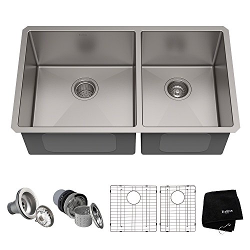 Kraus Standard PRO 33-Inch 16 Gauge Undermount 60/40 Double Bowl Stainless Steel Kitchen Sink, KHU103-33