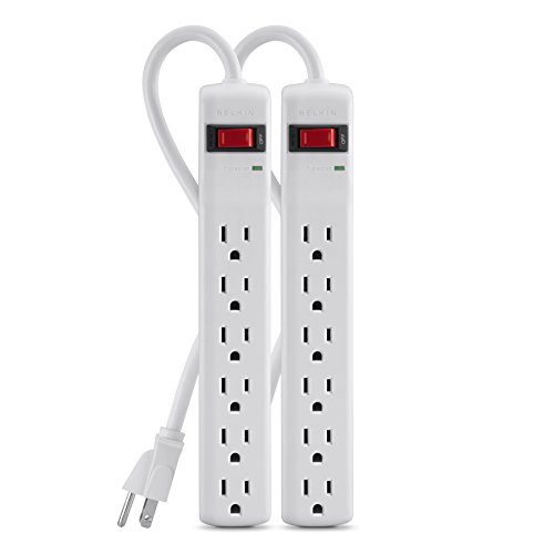 Belkin Power Strip Surge Protector – 6 AC Multiple Outlets, 2 ft Long Heavy Duty Metal Extension Cord for Home, Office, Travel, Computer Desktop & Phone Charging Brick – 200 Joules, White (2 Pack)