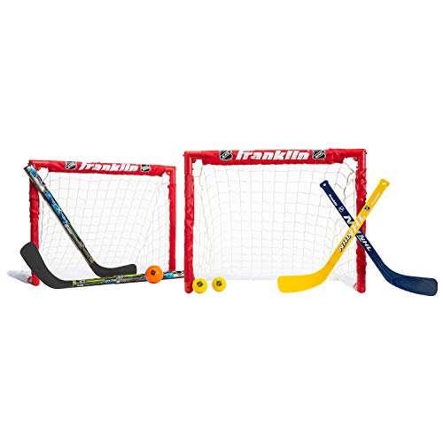 Franklin Sports – NHL Kids Folding Hockey Goals Set – (2) Street Hockey & Knee Hockey Goals – (2) Adjustable Youth Hockey Sticks, (2) Knee Hockey Sticks, (2) Mini Hockey Balls + (1) Street Hockey Ball
