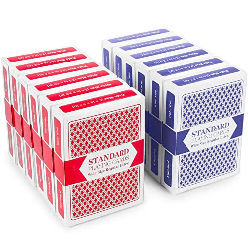 Brybelly 12 Decks (6 Red/6 Blue) Wide-Size, Regular Index Playing Cards Set – Plastic-Coated, Classic Poker Size