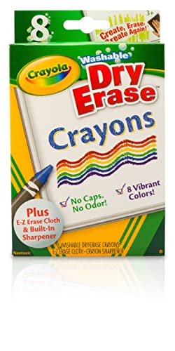 Crayola Washable Dry Erase Crayons (8ct), Includes Eraser Mitt & Sharpener, Classroom Supplies for Teachers