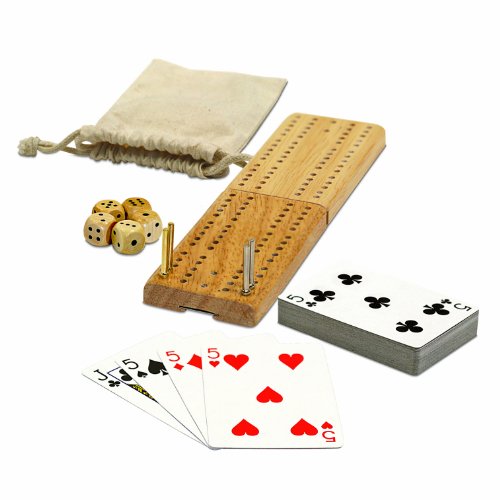 WE Games Cribbage Board Game Set, Travel Crib Board with Storage Slot and Drawstring Bag for Card Storage, Foldable 2 Track Cribbage Board with Cards, Metal Pegs and Dice, Mini Board Games