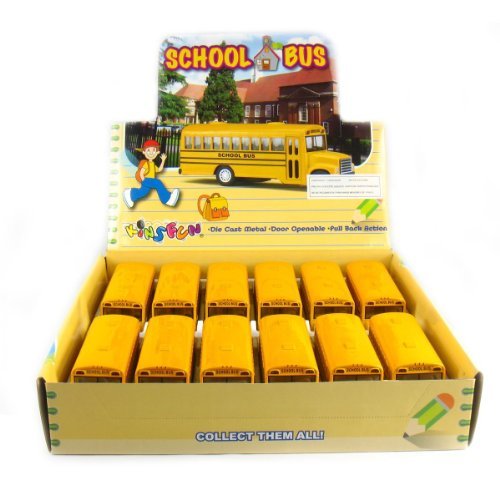 KiNSFUN Classic Long Nose School Bus 5″ Die Cast Metal w/ Pull Back Action 12 Pack
