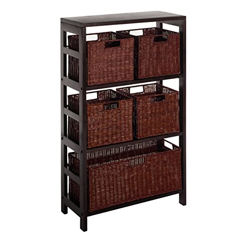 Winsome Wood Leo Wood 4 Tier Shelf with 5 Rattan Baskets – 1 large; 4 small in Espresso Finish
