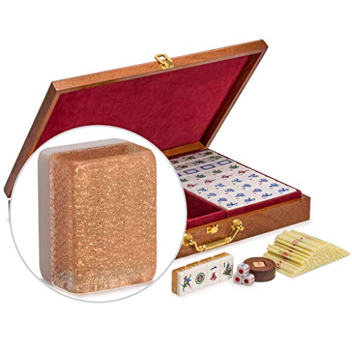 Yellow Mountain Imports Classic Chinese Mahjong Game Set – Champagne Gold – with 148 Medium Size Tiles, a Wooden Case, Betting Sticks, 3 Dice, and a Wind Indicator – for Chinese Style Game Play